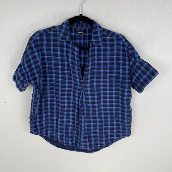 Madewell Tops - Madewell Double Faced Park Popover Shirt Womens Size S Blue Plaid Boxy Oversized